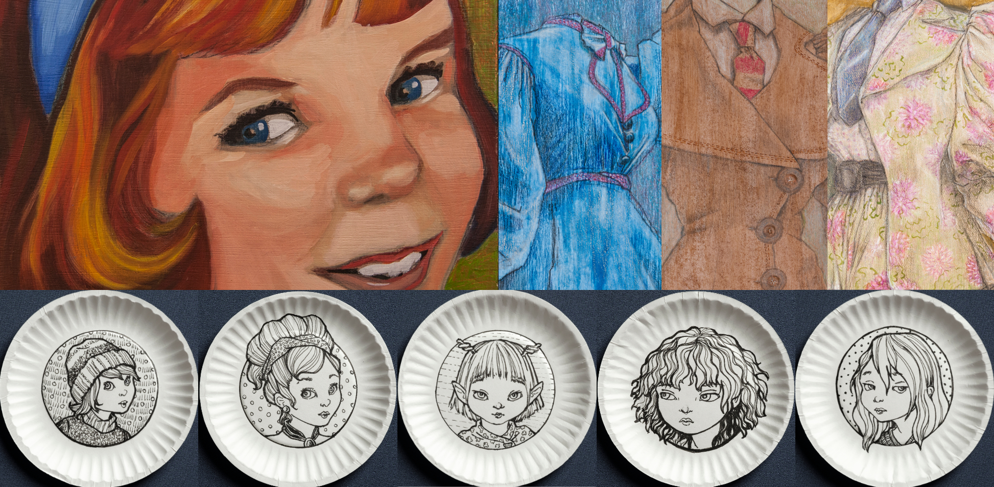 2025_art-landing Samples of artwork: an oil painting of a smiling girl, fashion drawings of women's garments from the early 20th century, and 5 ink drawings of young girls made on paper plates.