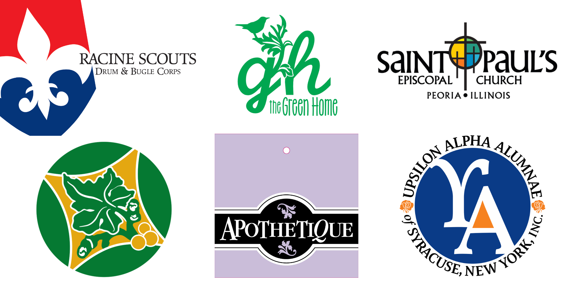 design_landing Samples of design work. Racine Scouts graphic, The Green Home logo, Saint Paul's Peoria Illinois logo, St. John's Lutheran Albany graphic, Apothetique logo hang tag, Upsilon Alpha Alumnae logo.