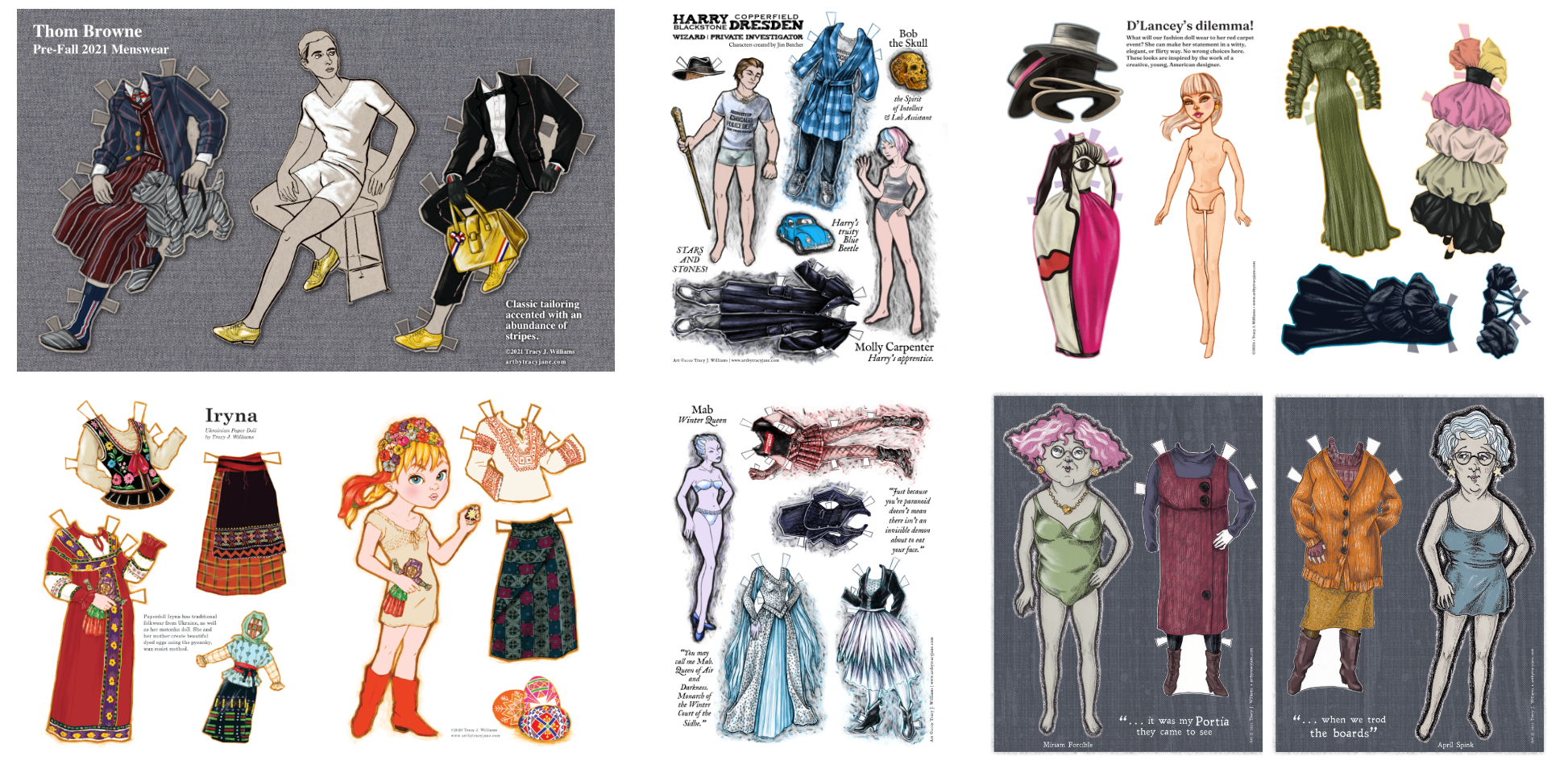 25_pd_feature samples of paper dolls, Thom Browne, Dresden Files characters, D'Lancey's fashion, Iryna Ukrainian Doll, Miss Forcible and Miss Spink.